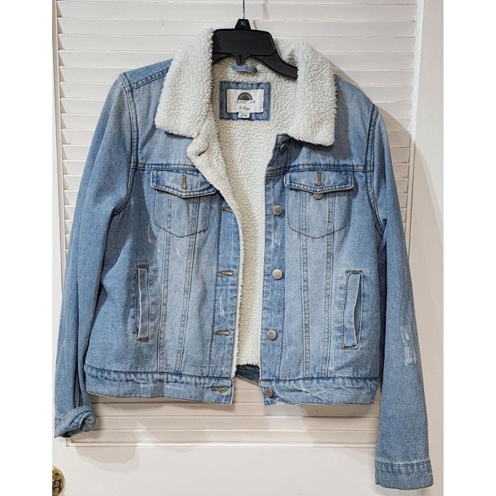 XL 1 SUNSET LANE DENIM JACKET COAT SHERPA LINING DISTRESSED HIPSTER RETRO LOOK